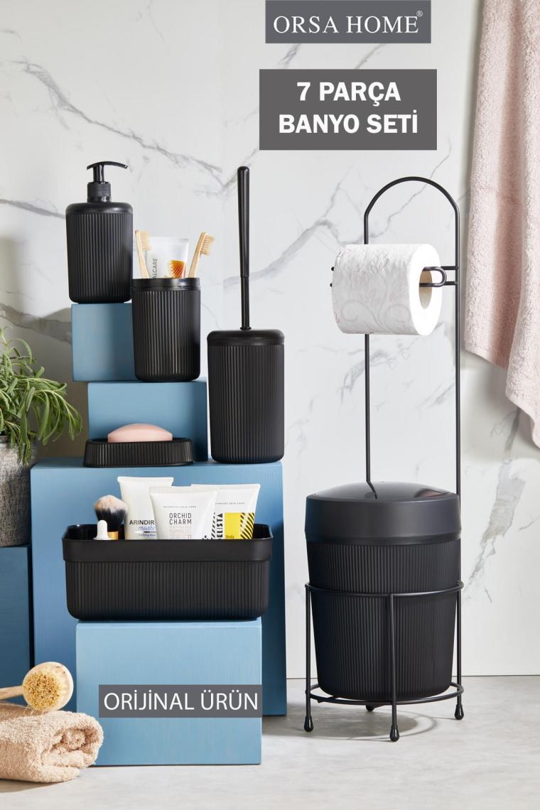 Orsa Home 7 Parça Siyah Banyo Seti Metal Stantlı Kovalı Wc Kağıtlık Kozmetik Kutusu Diş Fırçalık ve Sabunluklar 218