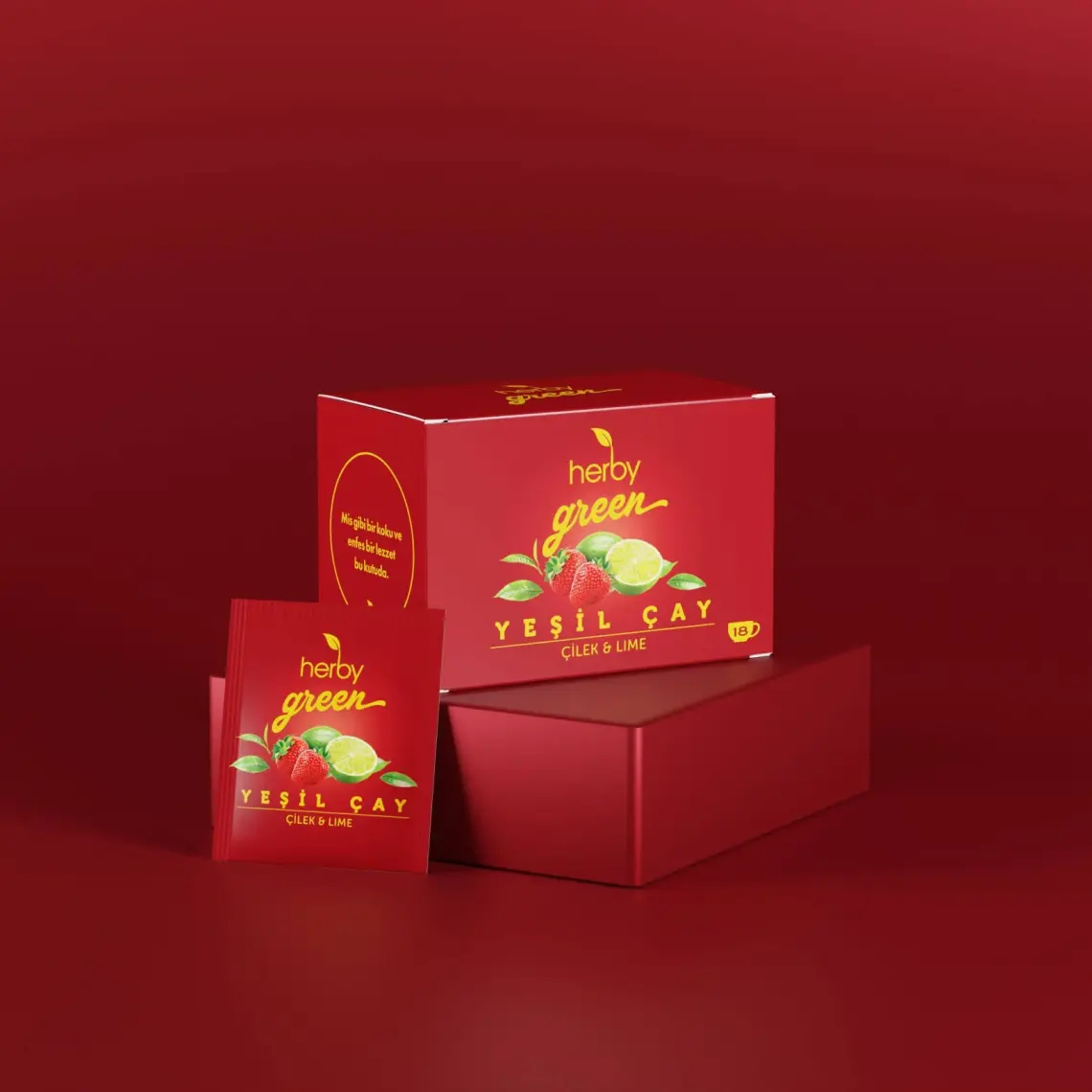 Herby Yeşil Çay - 18 Adet Çilek ve Lime Aromalı, Doğal Bitki Karışımı, Vitamin ve Mineral Zengini