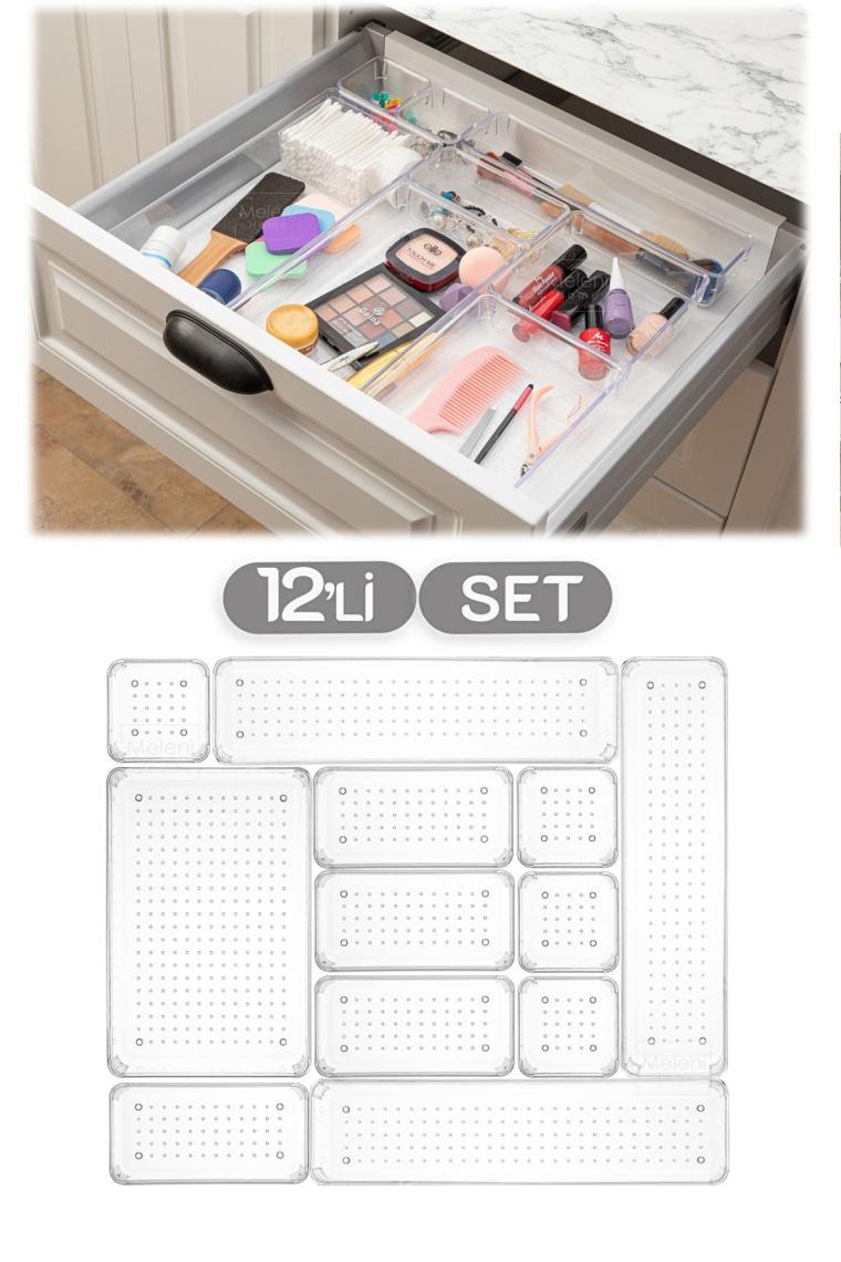 12'li Set Modüler Çekmece Içi Düzenleyici, Banyo Makyaj - Takı Düzenleyici - Ofis Masaüstü Organizer