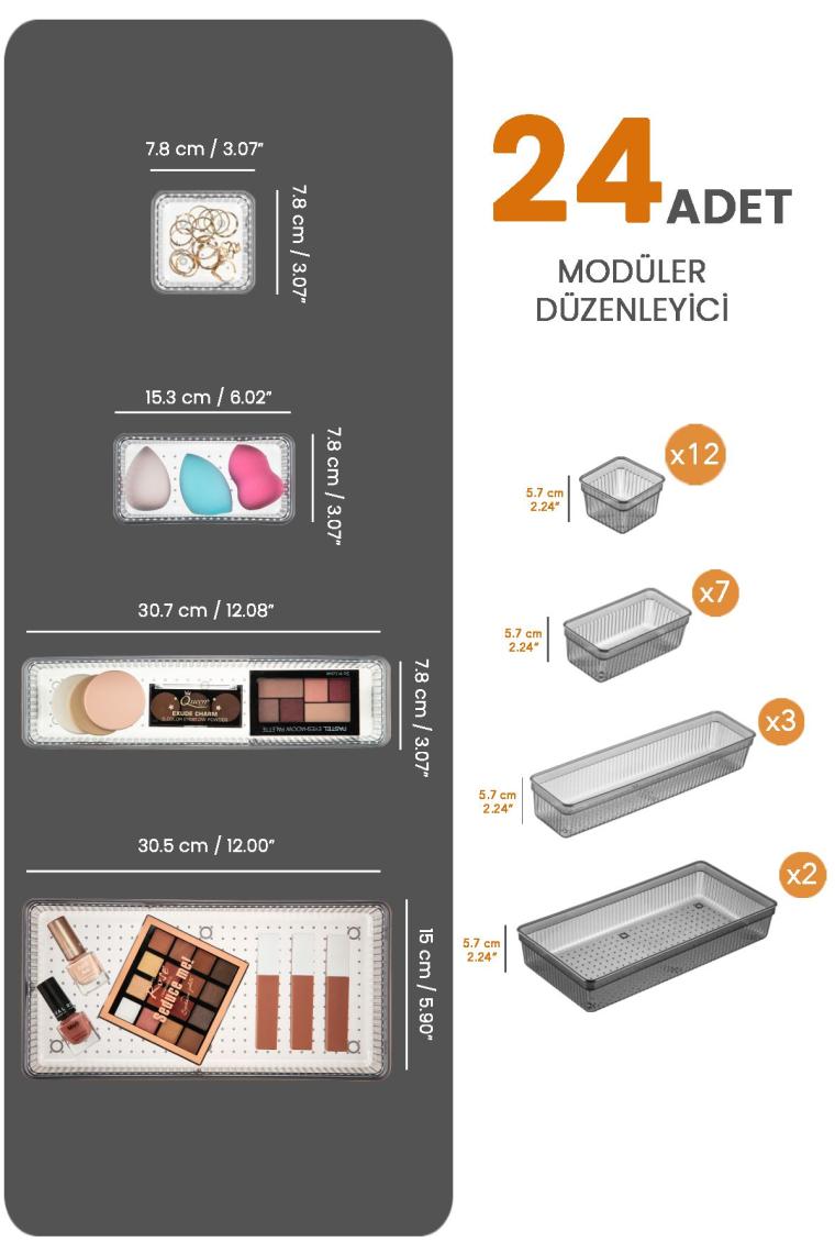 24'lü Multi Set - Çekmece İçi Düzenleyici - Banyo Makyaj ve Takı Organizer Siyah