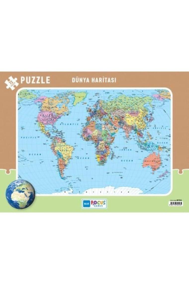 Blue Focus Dünya Haritası Frame Puzzle 72 Parça