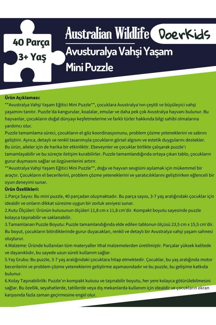 Avustralya Vahşi Yaşam Eğitici Mini Puzzle | 3-7 Yaş - 40 Parça