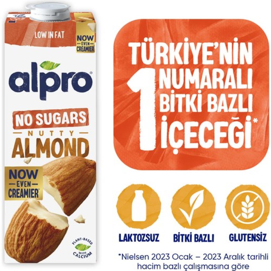 Alpro Şekersiz Badem Sütü 1 L Vegan Laktozsuz Bitkisel Bazlı