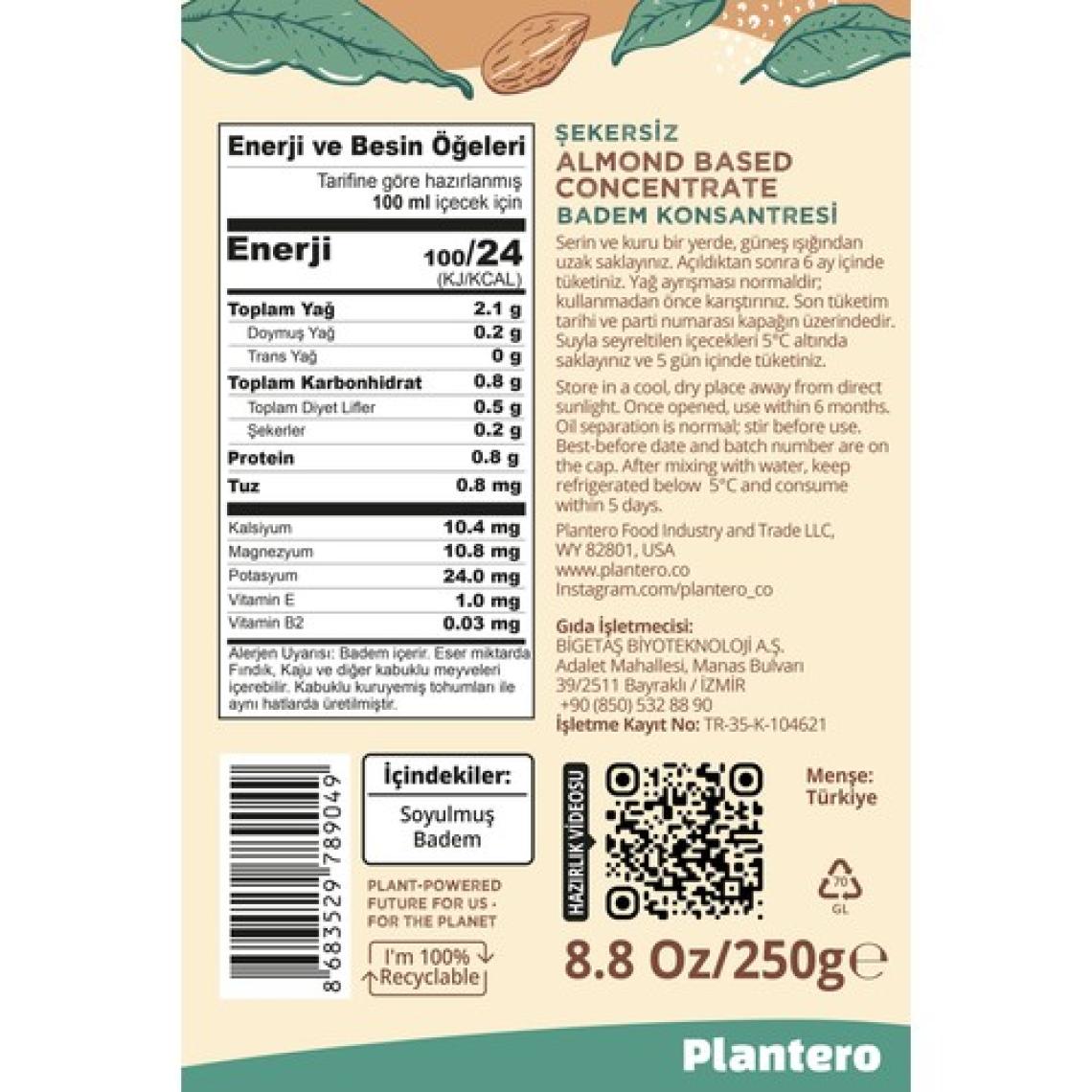 Plantero 3'lü Badem Sütü Bazı Konsantre 250 gr