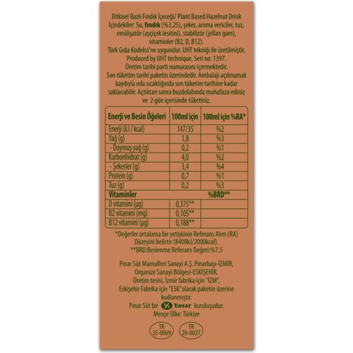 Pınar Nature Blend Bitkisel Bazlı Fındık Içeceği 1 L Vegan Laktozsuz x 4 Adet