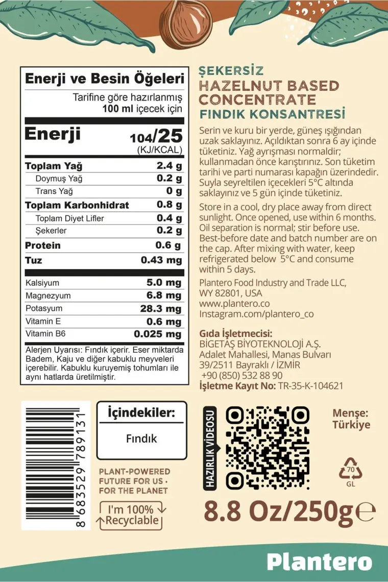Plantero 2'li Set Fındık Sütü Bazı Konsantre (250GR, 6 Lt Süt, %100 Fındık, 25 Bardak) 00003-2