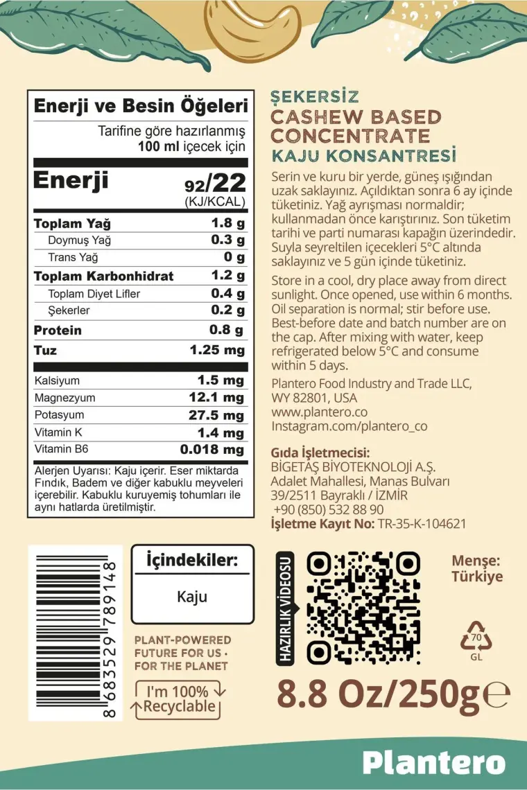 Plantero Kaju Sütü Bazı Konsantre 250gr,  Kaju, Şekersiz