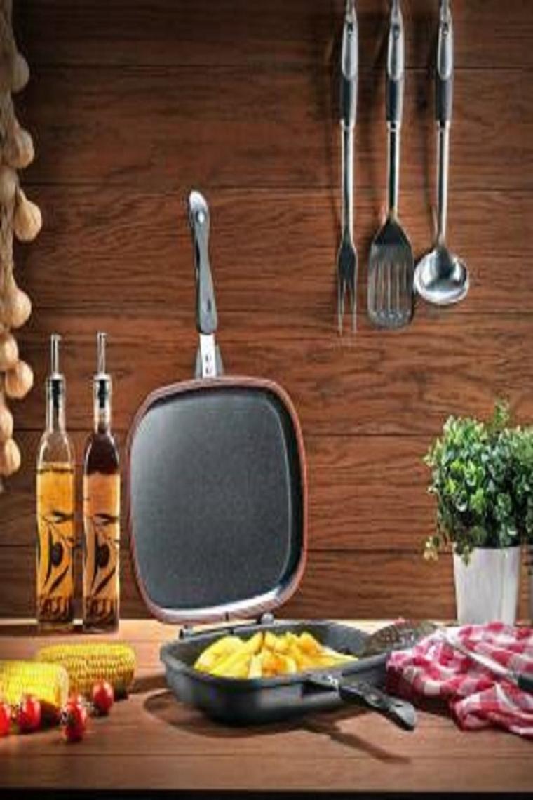 Granit Kare Double Grill Pan 32 Cm - Siyah Çift Taraflı Kullanılabilen Ayrılabilen Ikiz Tava