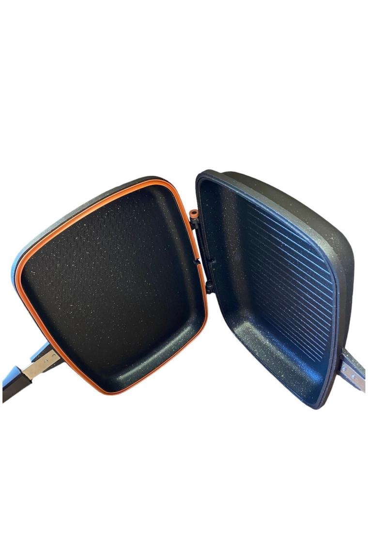 Granit Kare Double Grill Pan 32 Cm - Siyah Çift Taraflı Kullanılabilen Ayrılabilen Ikiz Tava