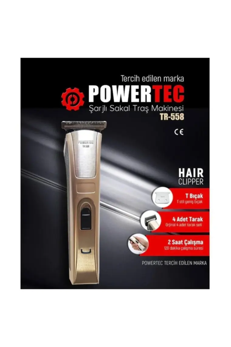 Powertec TR-558 Profesyonel Şarjlı Saç Sakal Ense T-bıçak Tıraş Makinesi