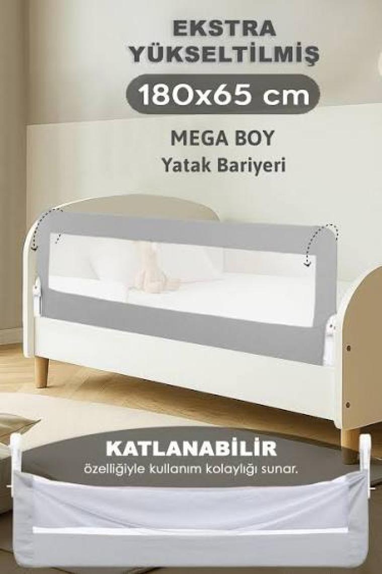 Meleni Baby 180 x 65 cm Katlanır Bebek Yatak Bariyeri x Mega Boy Koruma Bariyeri Koruyucu Baza Korkuluğu Gri