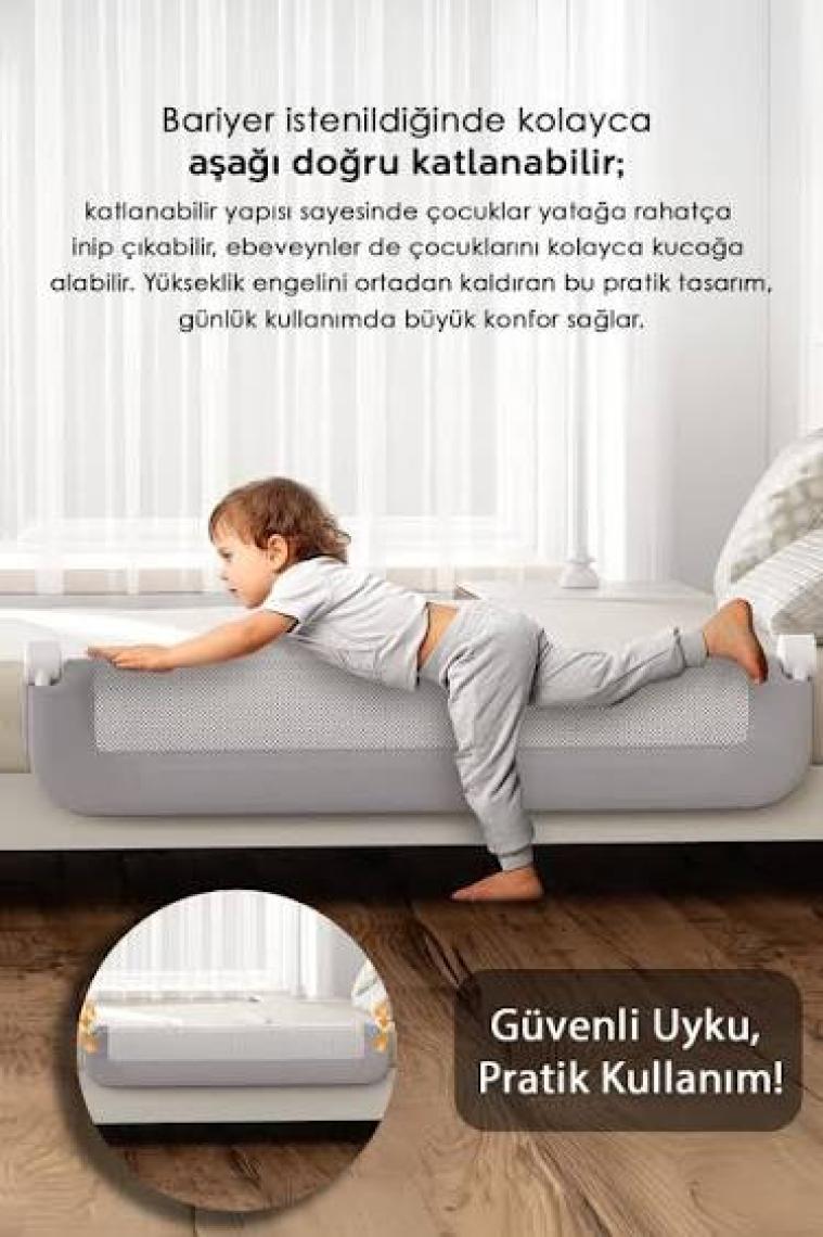 Meleni Baby 180 x 65 cm Katlanır Bebek Yatak Bariyeri x Mega Boy Koruma Bariyeri Koruyucu Baza Korkuluğu Gri