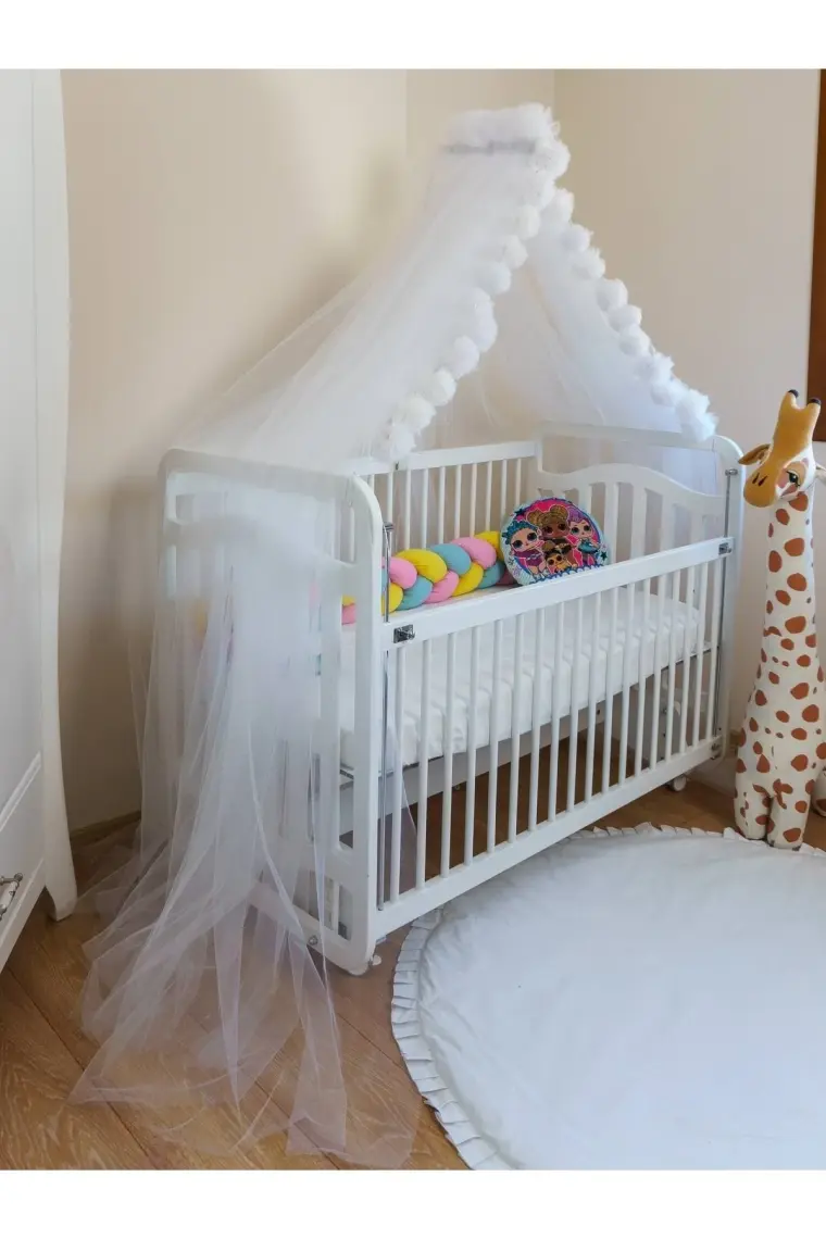 G&G Baby Beyaz  Pon Ponlu Beşik Cibinliği ve Cibinlik Aparatı