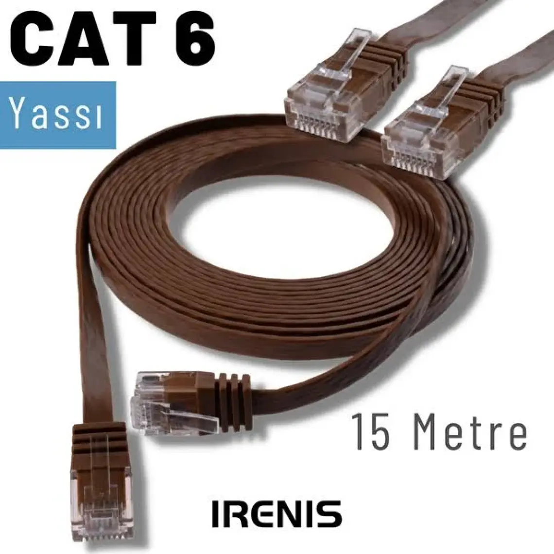 IRENIS CAT6 Yassı Ethernet (Network, LAN) Kablosu, Kahverengi, 15 metre