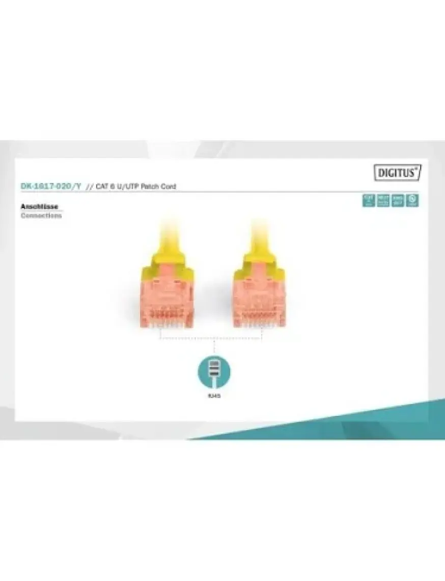 Digitus Patch Kablo, U-UTP, CAT. 6, 2 metre, AWG 26/7, Cu, LSZH, sarı renk