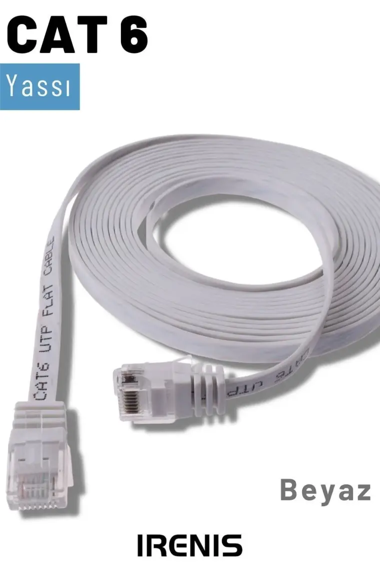 IRENIS CAT6 Yassı Ethernet (Network, LAN) Kablosu, Beyaz, 1 metre