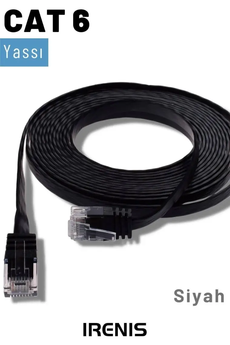 IRENIS CAT6 Yassı Ethernet (Network, LAN) Kablosu, Siyah, 5 metre