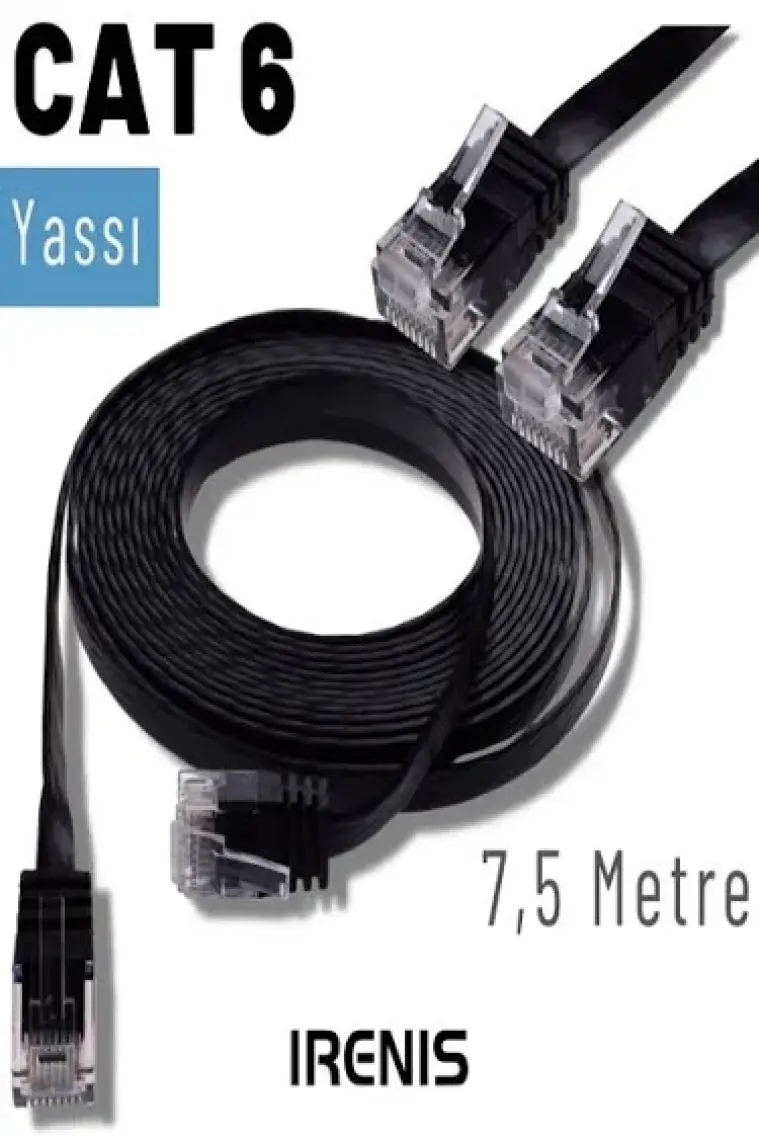 IRENIS CAT6 Yassı Ethernet (Network, LAN) Kablosu, Siyah, 7.50 metre