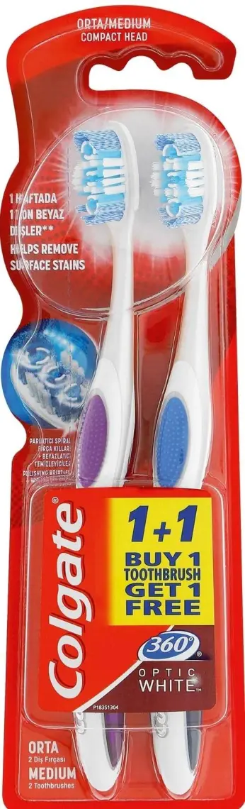 Colgate 360 Optik Beyaz Dil ve Yanak Temizleyicili Orta Beyazlatıcı Diş Fırçası 1+1