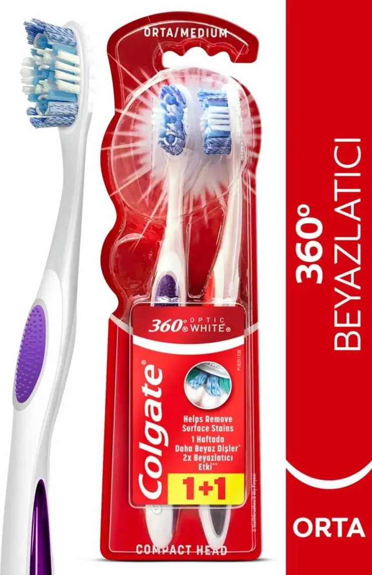 Colgate 360 Optik Beyaz Dil ve Yanak Temizleyicili Orta Beyazlatıcı Diş Fırçası 1+1