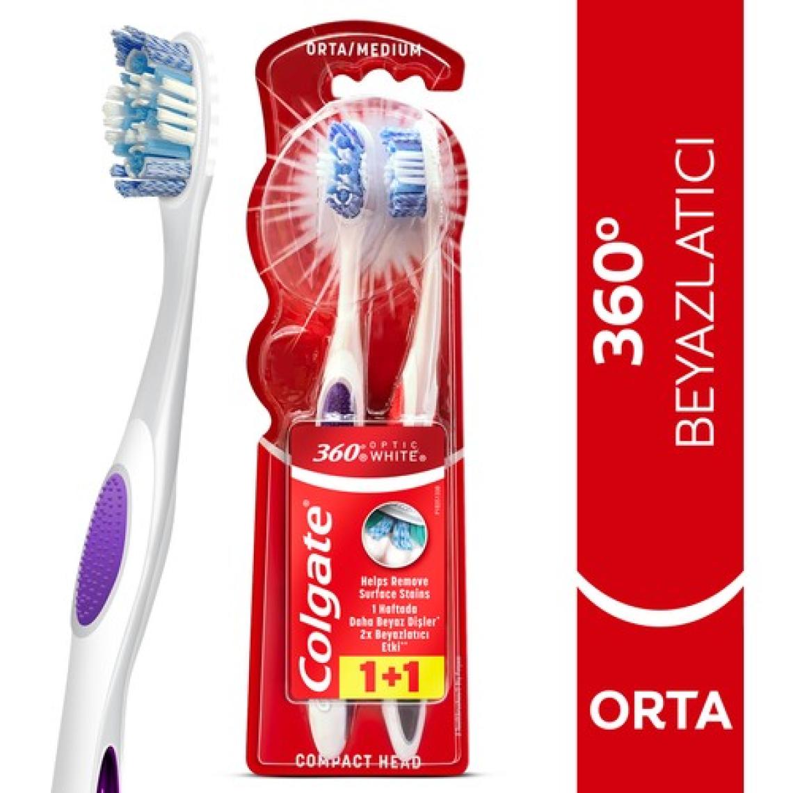 Colgate 360 Optik Beyaz Dil ve Yanak Temizleyicili Orta Beyazlatıcı Diş Fırçası 1+1