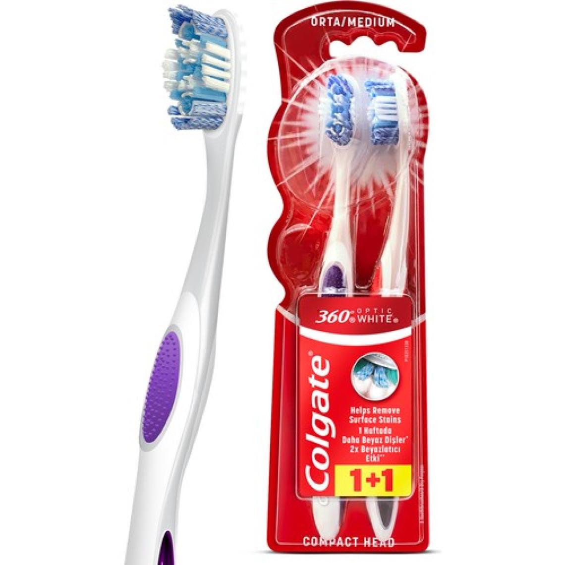 Colgate 360 Optik Beyaz Dil ve Yanak Temizleyicili Orta Beyazlatıcı Diş Fırçası 1+1