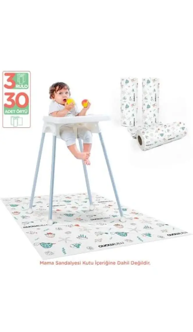 Minimono Mama Sandalyesi Altı ve Aktivite Örtüsü -Kullan At Ek Gıda Örtüsü - 100x120 cm - 3'lü Paket 30 Adet