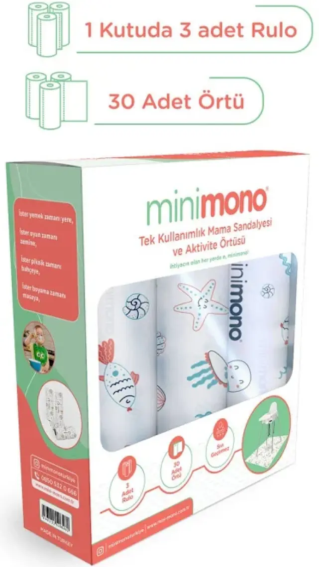 Minimono Mama Sandalyesi Altı ve Aktivite Örtüsü -Kullan At Ek Gıda Örtüsü - 100x120 cm - 3'lü Paket 30 Adet