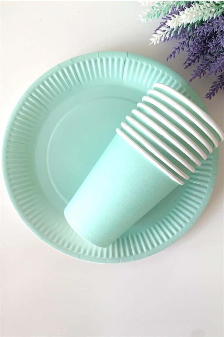 Yeşil Makaron Pastel Karton Tabak Bardak Set 8 Li
