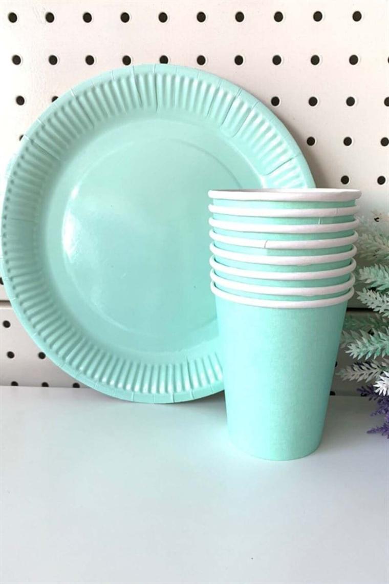 Yeşil Makaron Pastel Karton Tabak Bardak Set 8 Li