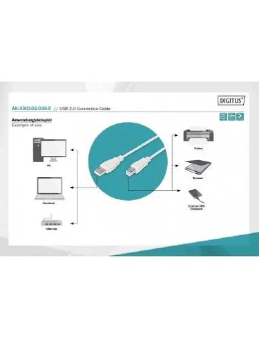Assmann AK-300102-030-E USB 2.0 3mt Yazıcı Kablosu White