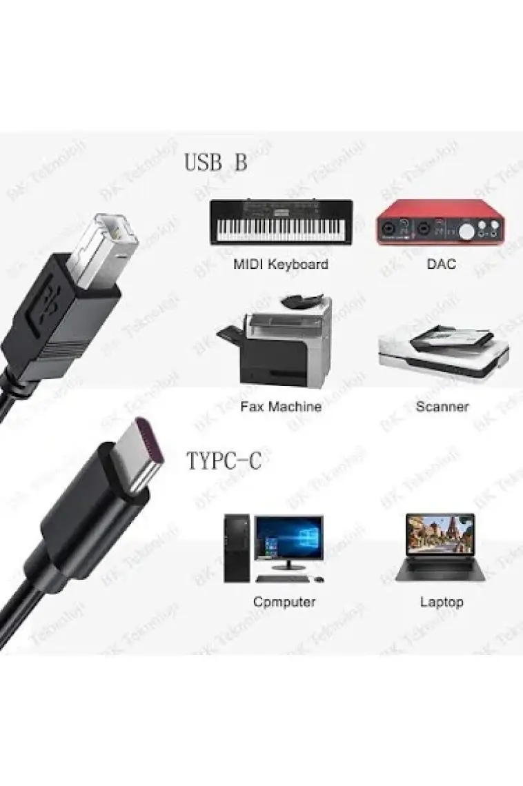 BK Teknoloji Type-C To Usb-B Midi - Yazıcı Kablosu 1.5 Metre -Siyah