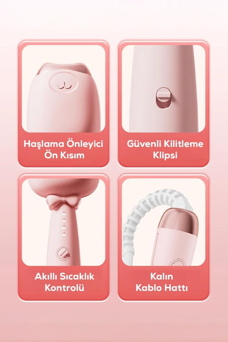 Kedi Figürlü Seramik Saç Şekillendirici Pembe