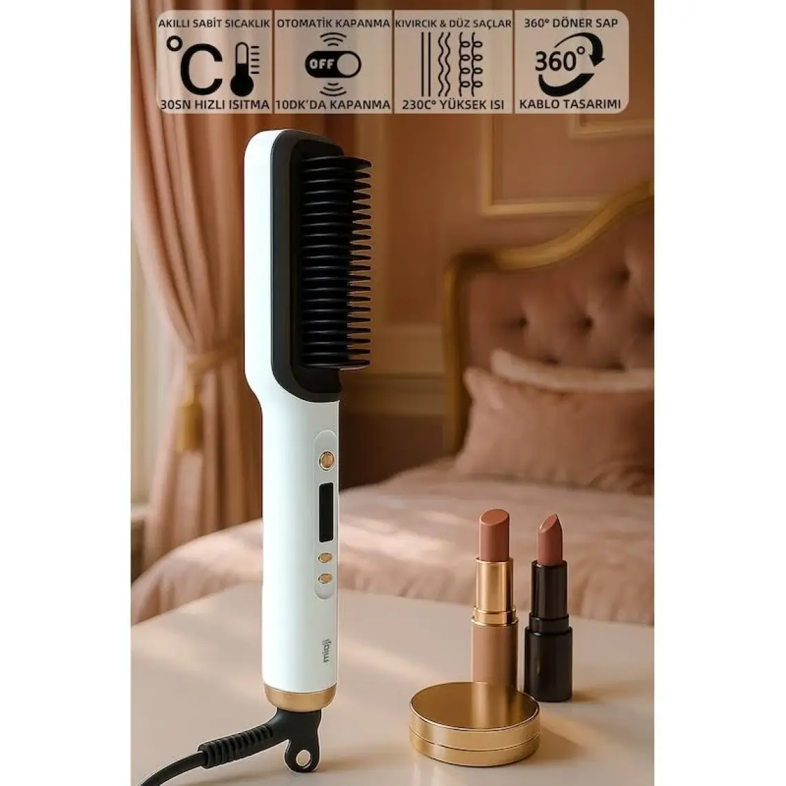 Mioji Mio B1 Led Göstergeli 80°C-230°C 360° Dönebilir Sap Seramik Saç Düzleştirici Tarak - Beyaz