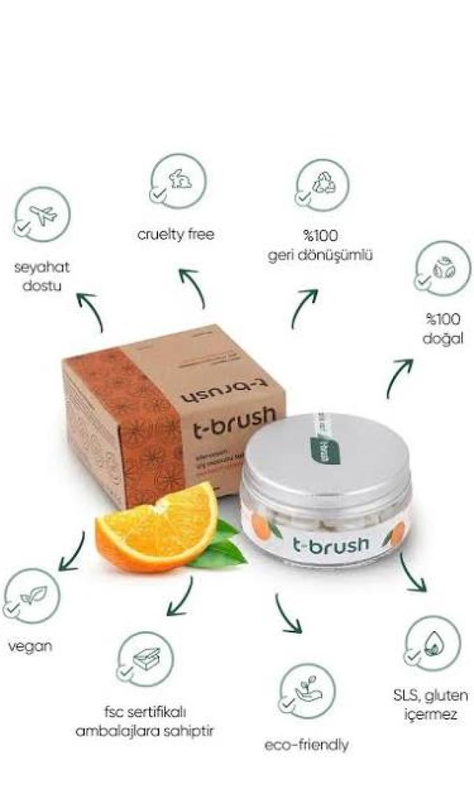 T-Brush Portakallı  Doğal Diş Macunu Tableti - Florürsüz - Glutensiz - Vegan - 90 Tablet