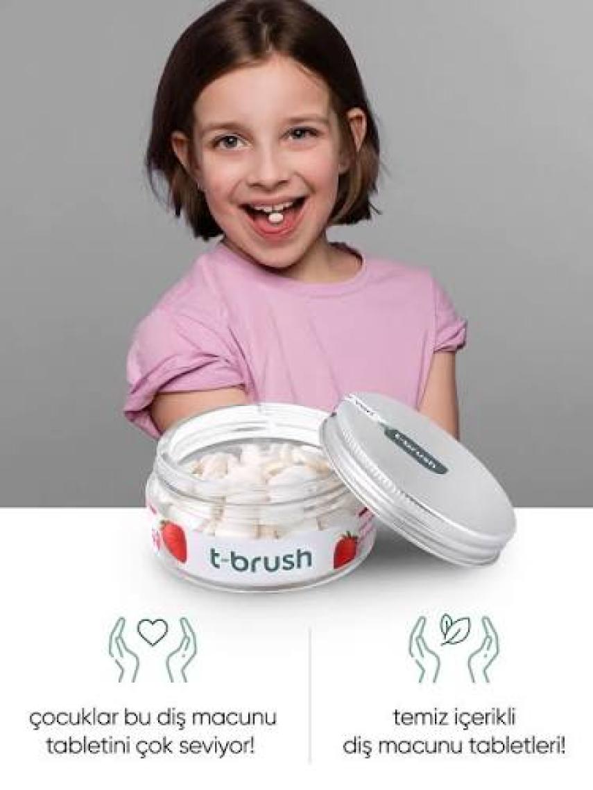 T-Brush Çilekli Çocuk Doğal Diş Macunu Tableti - Florürsüz - Glutensiz - Vegan - 90 Tablet