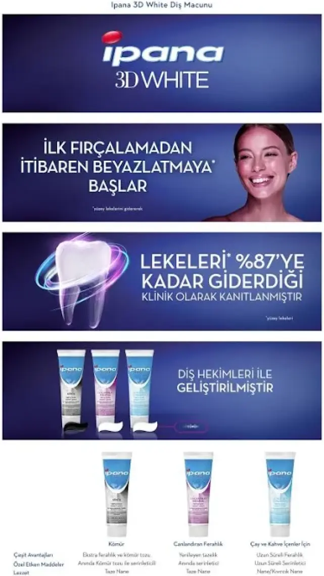 Ipana 3 Boyutlu Beyazlık Diş Macunu Canlandıran Ferahlık 75 ml x 2