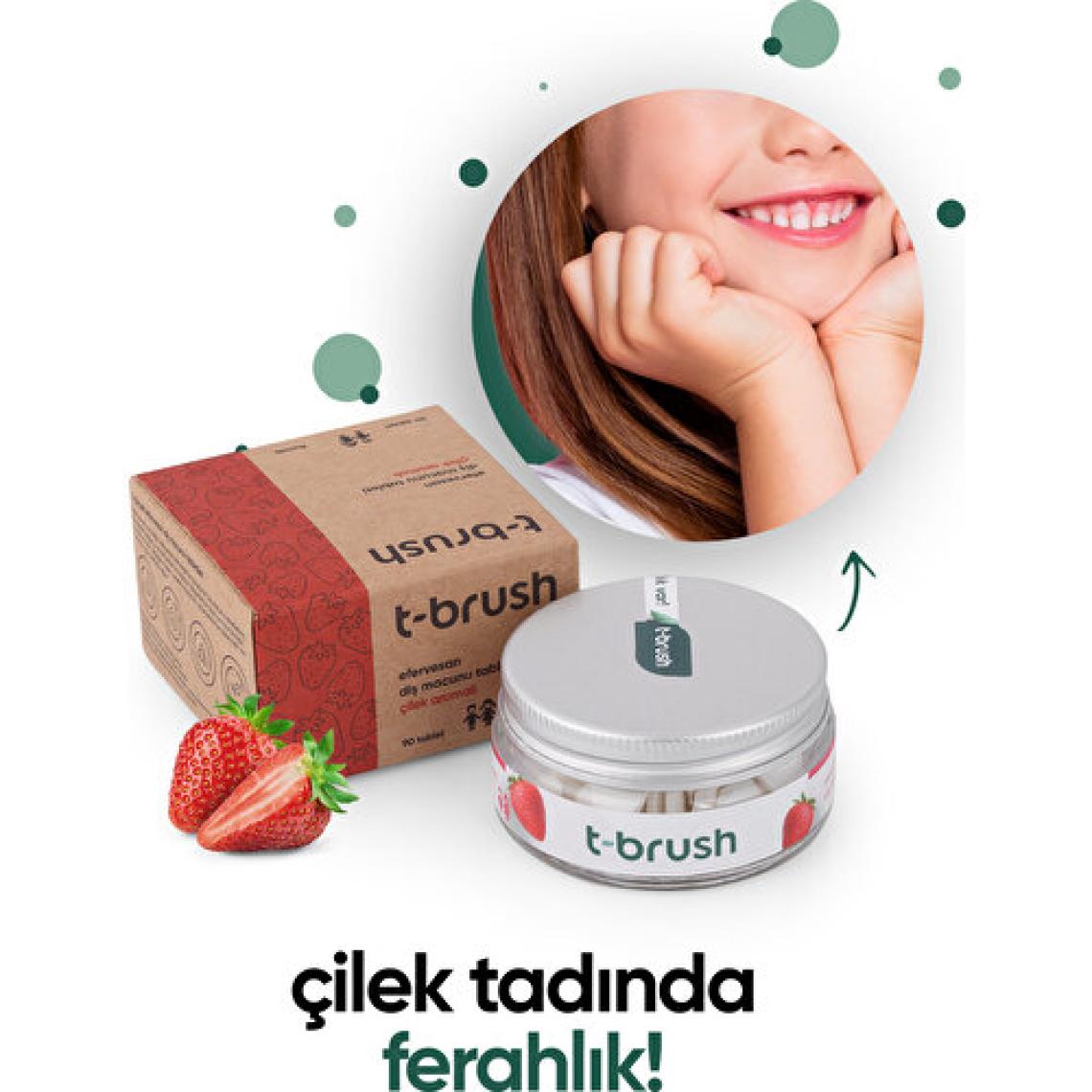 T-Brush Çilekli Çocuk Doğal Diş Macunu Tableti - Florürsüz - Glutensiz - Vegan - 90 Tablet