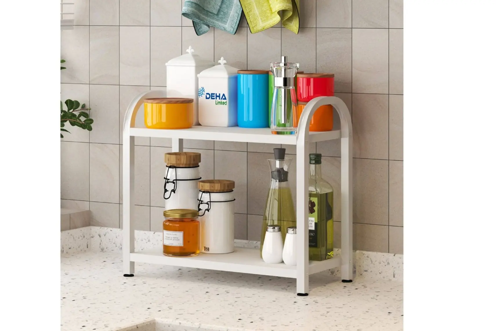 Dehalimited Banyo-Mutfak Toparlayıcı Düzenleyici Organizer 2 Katlı Geniş Metal Beyaz Bambu Tezgah Üstü Raf