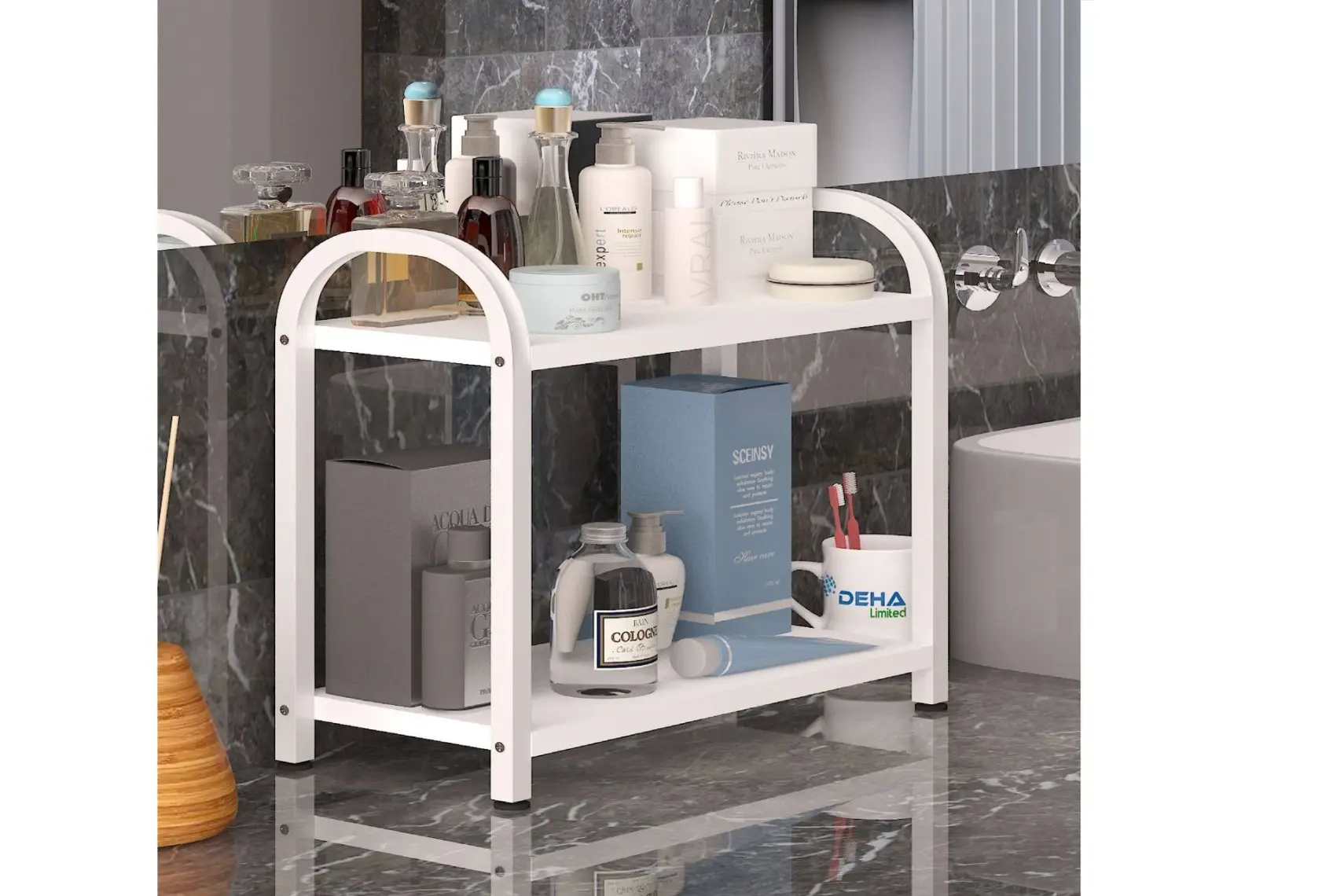 Dehalimited Banyo-Mutfak Toparlayıcı Düzenleyici Organizer 2 Katlı Geniş Metal Beyaz Bambu Tezgah Üstü Raf