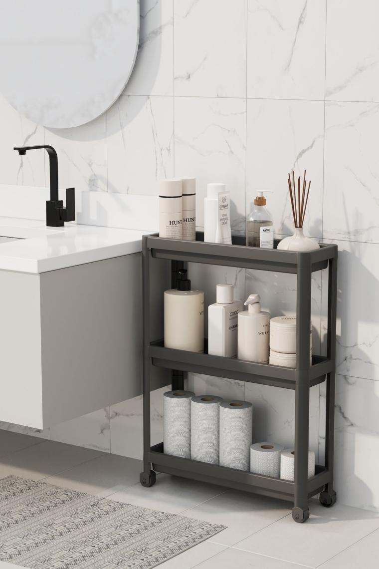 Omaş Ahir Ticaret Tekerlekli Dikdörtgen 3 Katlı Raf Ünitesi - Banyo Mutfak Düzenleyici Organizer Raf
