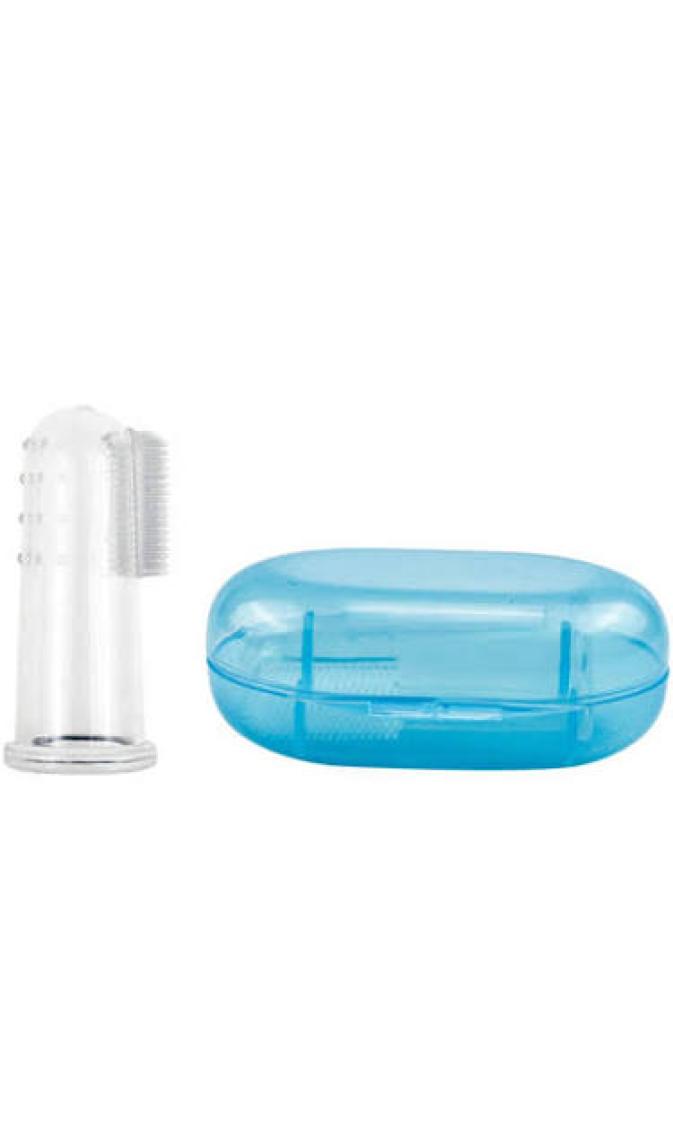 Bambino Bebek Parmak Diş Fırçası ve Kaşıyıcı - Mavi Silikon, BPA İçermeyen Doğal Malzeme, Hassas Diş Etleri İçin İdeal