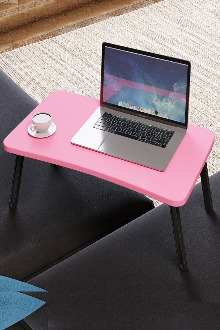 Renkli Laptop Sehpası Katlanabilir Yatak Koltuk Üstü Kahvaltı Bilgisayar Sehpası - Pembe