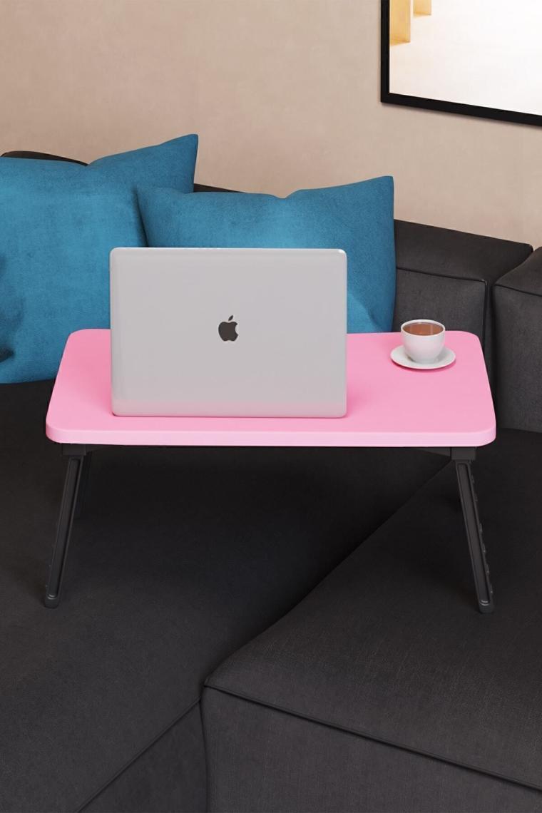 Renkli Laptop Sehpası Katlanabilir Yatak Koltuk Üstü Kahvaltı Bilgisayar Sehpası - Pembe