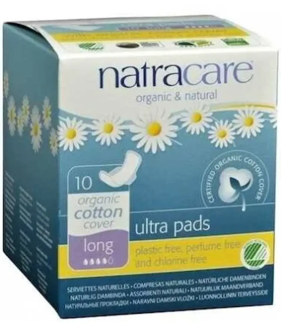Natracare Ultra Uzun Kanatlı Hijyenik Ped - Organik Pamuk, Doğa Dostu, Klor ve Parfüm İçermeyen, 10'lu Paket, Kadınlar İçin