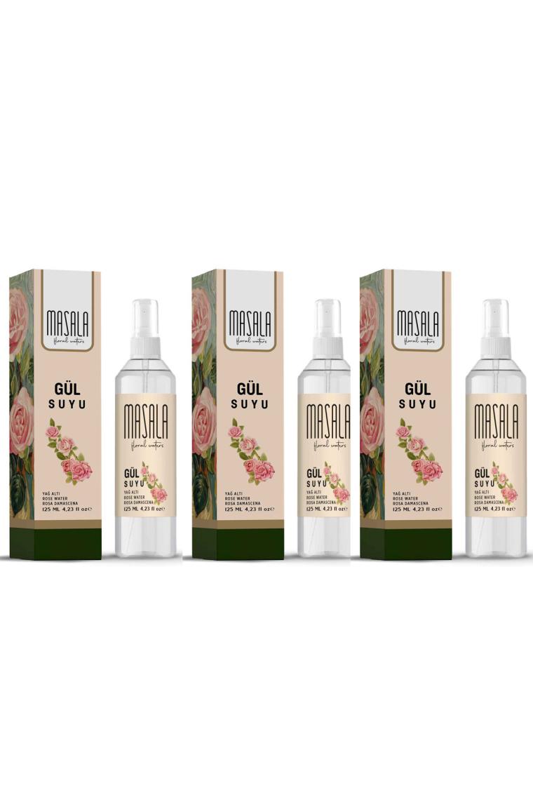 Masala 3 Adet Saf Gül Suyu 125 ml %100 Doğal Yağlı Hidrosol - Tonik Rose Floral Water Hydrosol Tonic