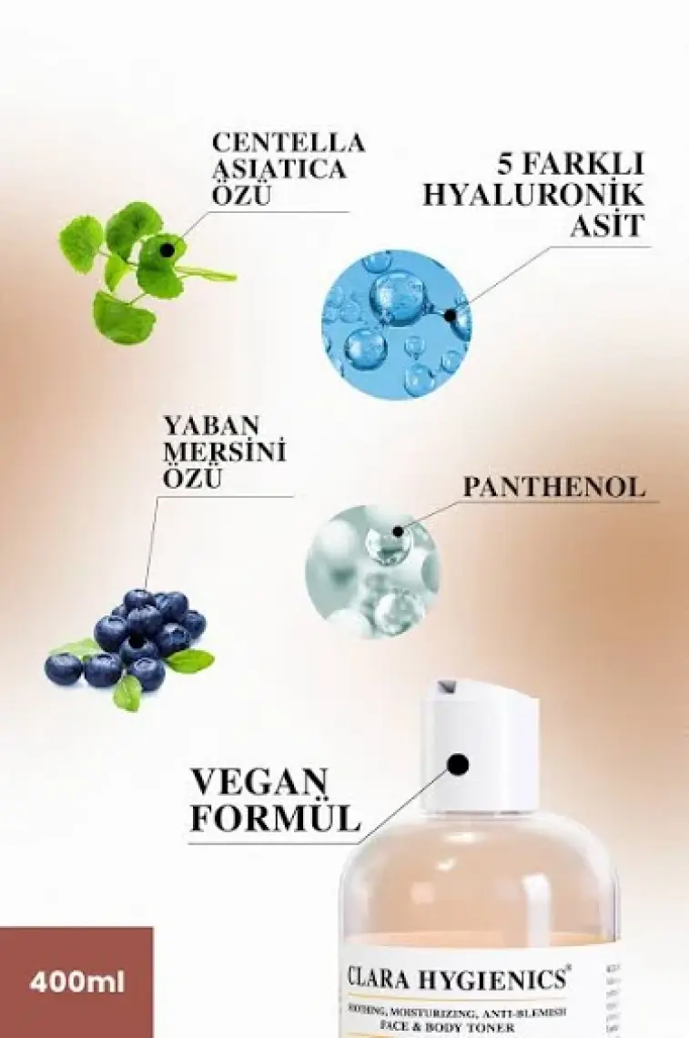 Clara Hygienics Calming Cica Leke Karşıtı Sakinleştirici Nemlendirici  Etkili Vegan Yüz Ve Vücut Gece Tonik 400 Ml