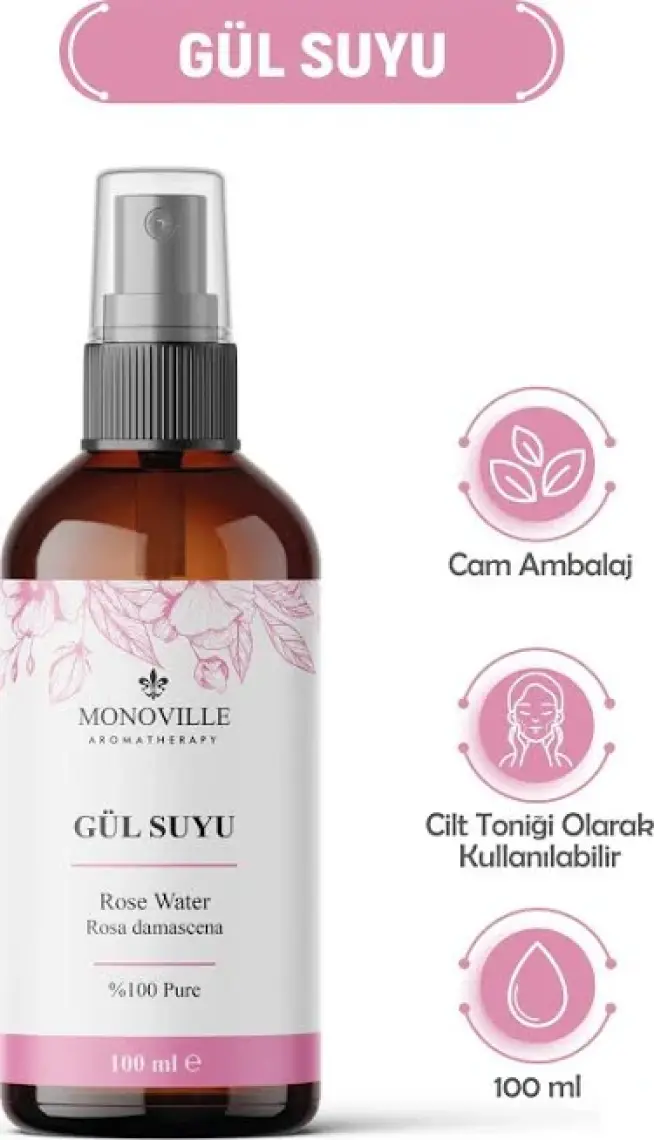 Monoville Gül Suyu Cam Şişe %100 Doğal Sprey Başlıklı 100 ml