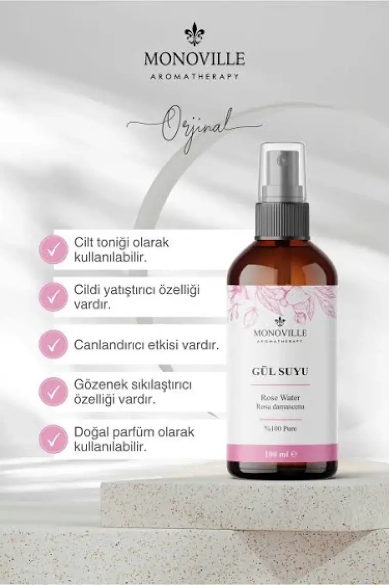 Monoville Gül Suyu Cam Şişe %100 Doğal Sprey Başlıklı 100 ml