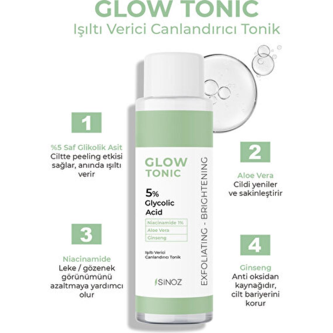 Sinoz Gözenek Sıkılaştırıcı Arındırıcı Canlandırıcı Peeling Etkili Cilt Toniği %5 Glikolik Asit 200 ml